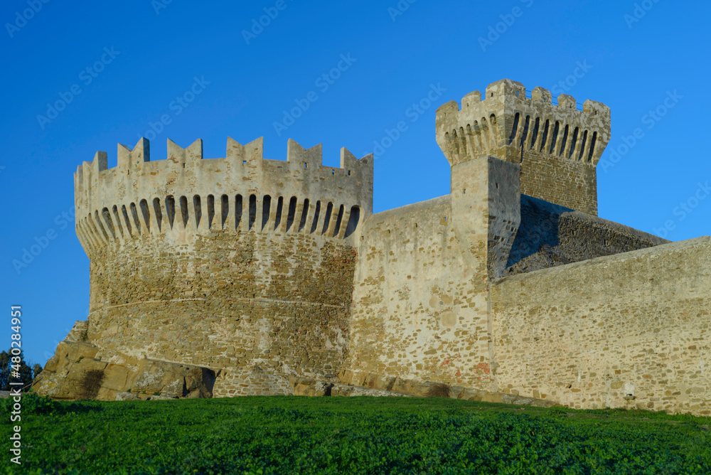 The medieval castle of Populonia,
 Walls and tower of Populonia village, Livorno Tuscany, Italy.