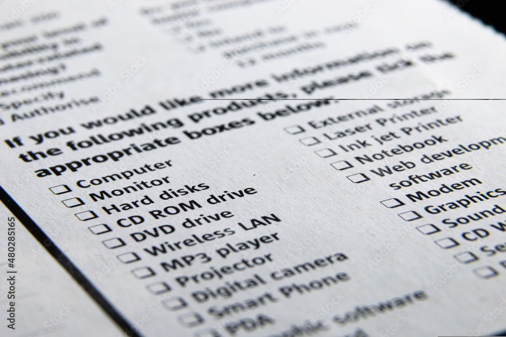 Close up of a list of computer hardware peripheral items Close up of a list of computer hardware peripheral items