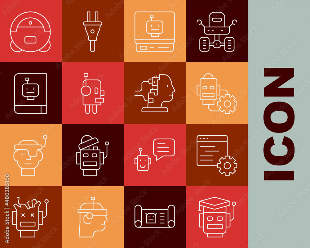 Set line Robot, Computer api interface, setting, User manual, vacuum cleaner and for maintenance icon. Vector Set line Robot, Computer api interface, setting, User manual, vacuum cleaner and for maintenance icon. Vector