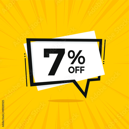 7% off. Discount 7 percent. Yellow banner with floating balloon for promotions and offers.