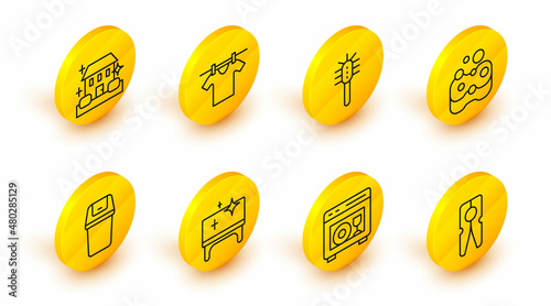 Set line Clothes pin, Dishwasher machine, Clean table, Trash can, Sponge, Toilet brush, Drying clothes and Home cleaning service icon. Vector