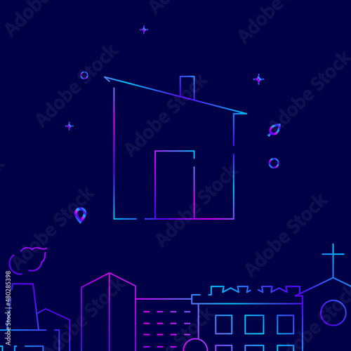 Barn, bathhouse gradient line vector icon, simple illustration on a dark blue background, cityscape buildings related bottom border.