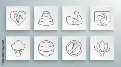 Set line Broccoli, Stack hot stones, Fitness ball, No alcohol, Lotus flower, Bodybuilder muscle, and Sleepy icon. Vector