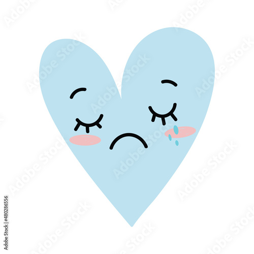 Human face blue heart with emotion of crying. Icon for the design of cards, decor, stickers for valentine's day and dates. Child flat doodle style isolated on white background
