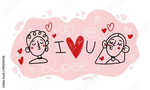 Horizontal greeting card couple in love boy and girl dream of a kiss. Linear sketch doodle on a pink background.
