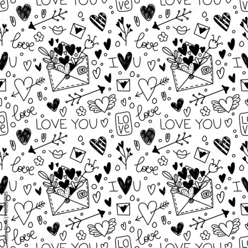 Romantic valentines day doodle style seamless pattern with hearts, arrows letters and handwritten words love. Simple line style elements isolated on white background.