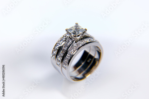 Macro Close up of a custom hand made diamond and white sapphire ring 