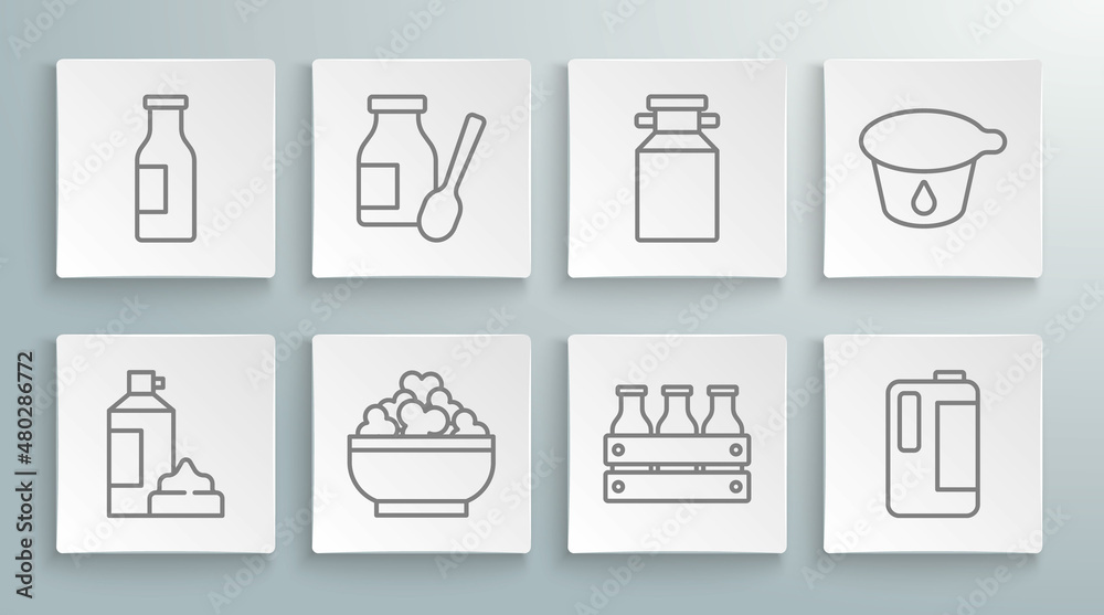 Set line Whipped cream in bottle, Drinking yogurt, Cottage cheese, Bottled milk wooden box, Milk plastic, Can container for, Yogurt and with icon. Vector