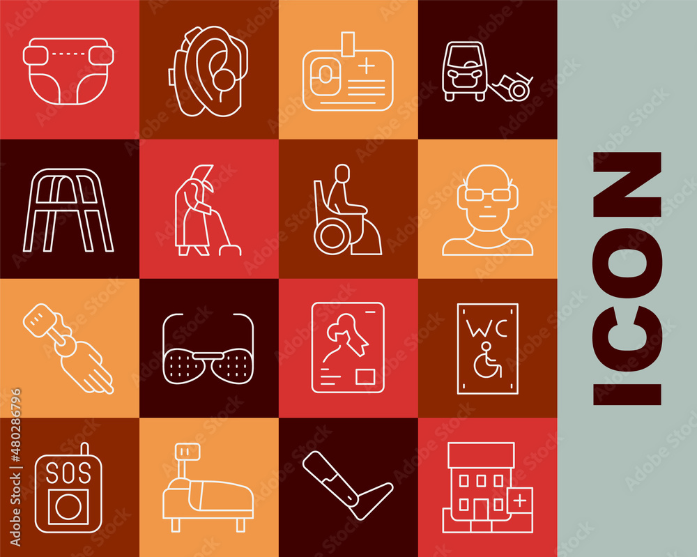 Set line Medical hospital building, Separated toilet for disabled, Poor eyesight, Identification badge, Grandmother, Walker, Adult diaper and Woman wheelchair icon. Vector Set line Medical hospital building, Separated toilet for disabled, Poor eyesight, Identification badge, Grandmother, Walker, Adult diaper and Woman wheelchair icon. Vector