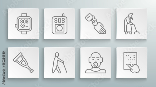 Set line Crutch or crutches, Press the SOS button, Blind human holding stick, Head of deaf and dumb, Braille, Prosthesis hand, Grandmother and Smart watch icon. Vector