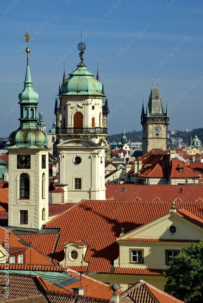 Overhead view of the Old Town, Prague, Czech Republic, with religious architecture