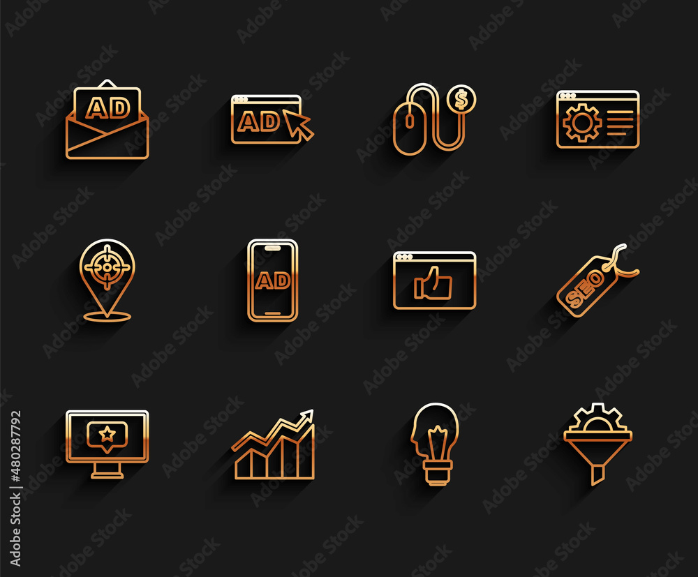 Set line Monitor with star, Financial growth increase, Advertising, Light bulb concept of idea, Sales funnel gear, SEO optimization and Customer product rating icon. Vector Set line Monitor with star, Financial growth increase, Advertising, Light bulb concept of idea, Sales funnel gear, SEO optimization and Customer product rating icon. Vector