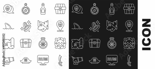 Set line Pirate sword, Ship porthole with seascape, Location pirate, Alcohol drink Rum, coin, Shark fin ocean wave, Skull and treasure map icon. Vector