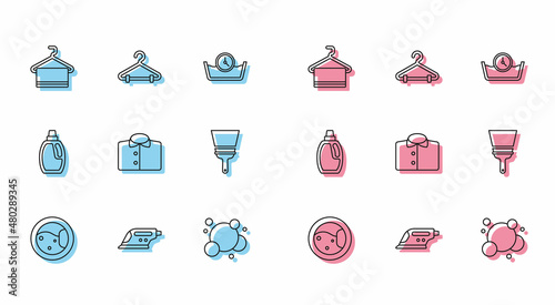 Set line Washer, Electric iron, Towel hanger, Soap water bubbles, T-shirt, Rubber cleaner for windows, Bottle cleaning agent and Hanger wardrobe icon. Vector