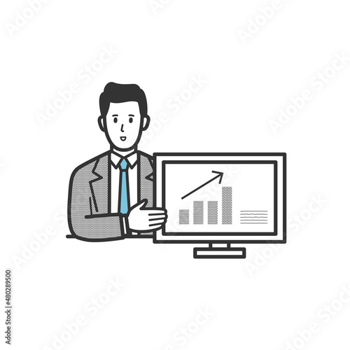 パソコンのグラフを見せて説明するビジネスパーソンのイラスト