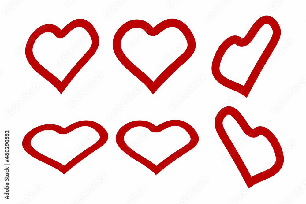 Set of hearts. Decorative design elements. Red silhouette on white background. Vector 