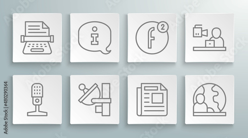 Set line Microphone, Information, Radar, News, World news, Create account, Breaking and Retro typewriter icon. Vector