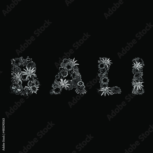 Bali floral bouquet font hand drawing vector illustration isolated on black background