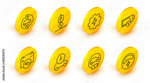 Set line Voltmeter, Electric car, Eco nature leaf battery, Low, Gear and lightning, Charging parking electric and icon. Vector