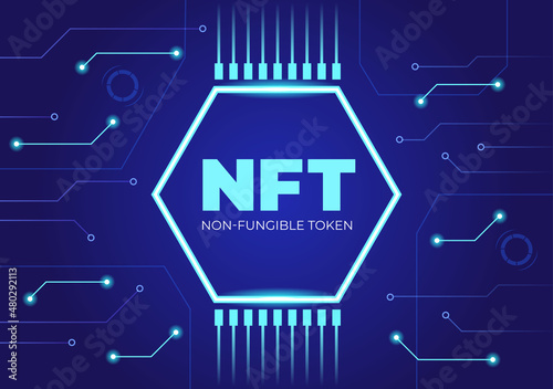 NFT Non Fungible Token Crypto Art of Converting Into Digital Network with Coin Servers for Banner or Poster in Flat Background Illustration