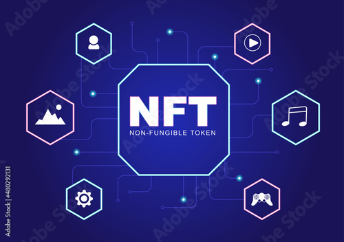 NFT Non Fungible Token Crypto Art of Converting Into Digital Network with Coin Servers for Banner or Poster in Flat Background Illustration