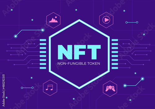 NFT Non Fungible Token Crypto Art of Converting Into Digital Network with Coin Servers for Banner or Poster in Flat Background Illustration