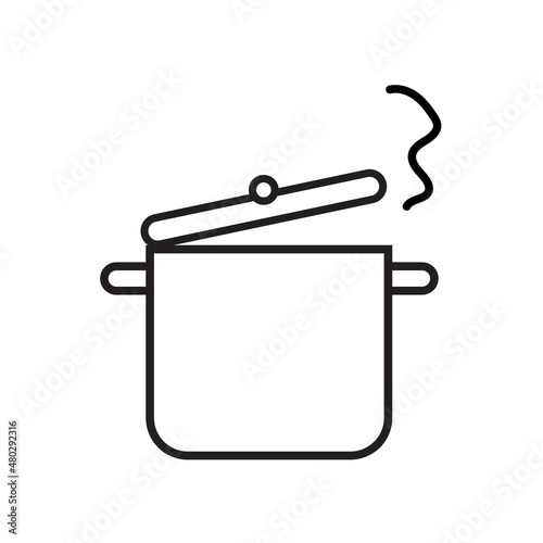 Hot saucepan icon. Cooking pot. Boiling process. Cartoon art. Kitchen utensil. Vector illustration. Stock image. 