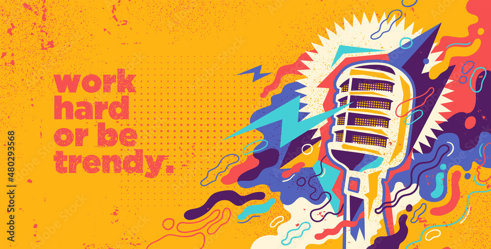 Colorful background in abstract style with retro microphone and splashing shapes. Vector illustration. - obrazy, fototapety, plakaty 