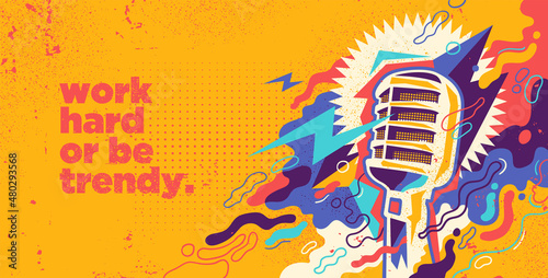Colorful background in abstract style with retro microphone and splashing shapes. Vector illustration.