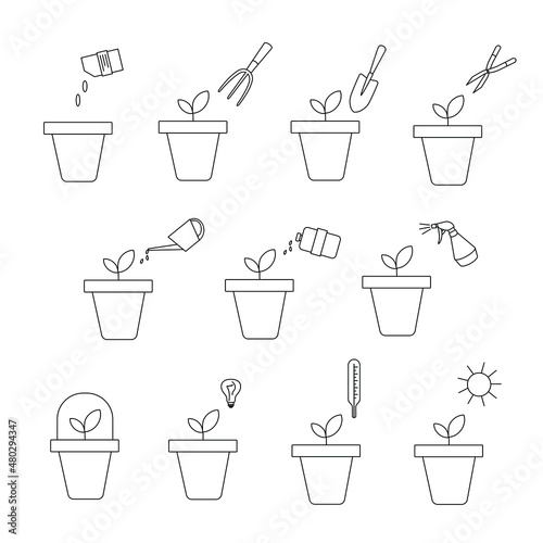 Wallpaper Mural Icons with images of various stages of growing plants in pots: watering, loosening, processing, pruning, watering and others. Suitable for use on websites, in articles, labels.  Torontodigital.ca