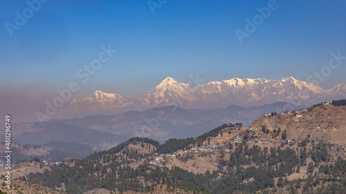 A Post card Panoramic view of the snow covered Himalayan peaks of the Nanda Devi mountain range