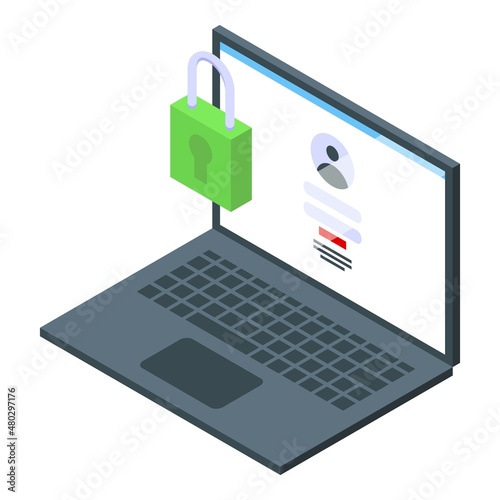 Laptop privacy icon isometric vector. Data information. Policy law