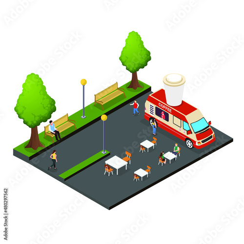 Mobil cafe selling coffee at city park isometric 3d vector concept for banner, website, illustration, landing page, flyer, etc.