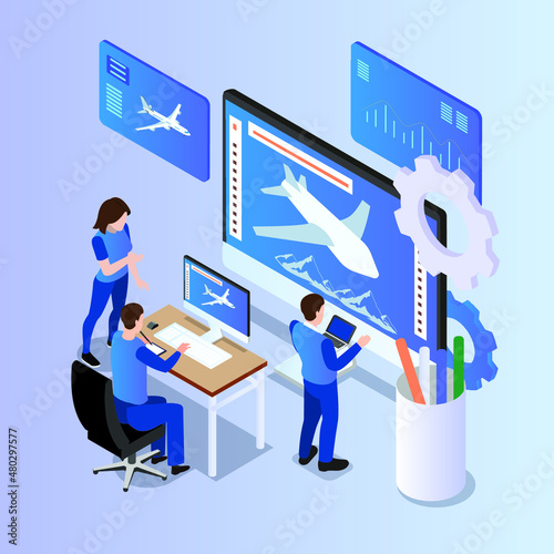 Aircraft design process isometric 3d vector concept for banner, website, illustration, landing page, flyer, etc.