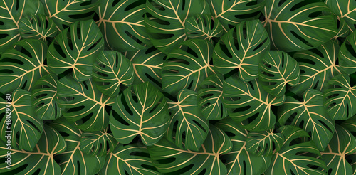 illustration of a philodendron leaves tropical seamless pattern, close up a plant green background, applicable for banner, sign, fabric print, textile linen printing, elegant wallpaper plants floral, 