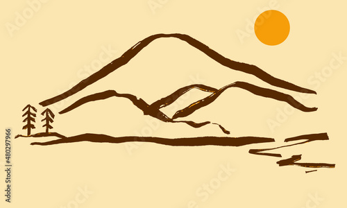 a simple line brush stroke painting in a Japanese calligraphy style. a beach illustration in a summer color theme. a landscape vector for print, wall art, etc.