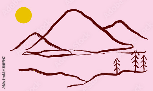 a simple line brush stroke painting in a Japanese calligraphy style. a mountain illustration in a pink color theme. a landscape vector for print, wall art, etc.