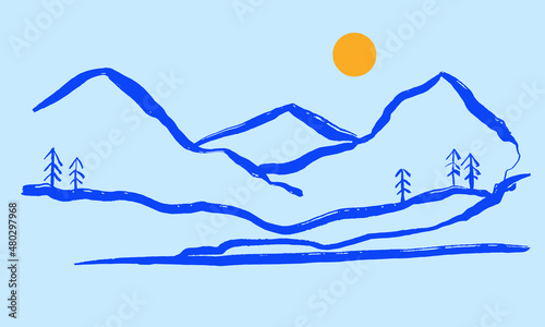 a simple line brush stroke painting in a Japanese calligraphy style. a mountain illustration in a winter color theme. a landscape vector for print, wall art, etc.
