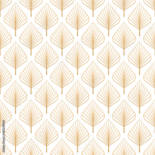 Floral seamless pattern. Contour linear gold gradient leaves on white background. Seasonal ornament