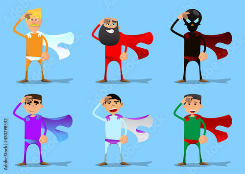 Funny cartoon man dressed as a superhero confused, scratching his head. Vector illustration.