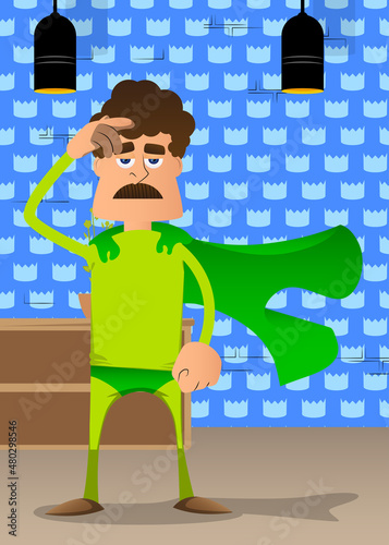 Funny cartoon man dressed as a superhero confused, scratching his head. Vector illustration.