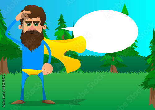 Funny cartoon man dressed as a superhero confused, scratching his head. Vector illustration.