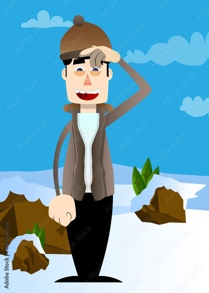 Fototapeta premium Funny cartoon man dressed for winter confused, scratching his head. Vector illustration.
