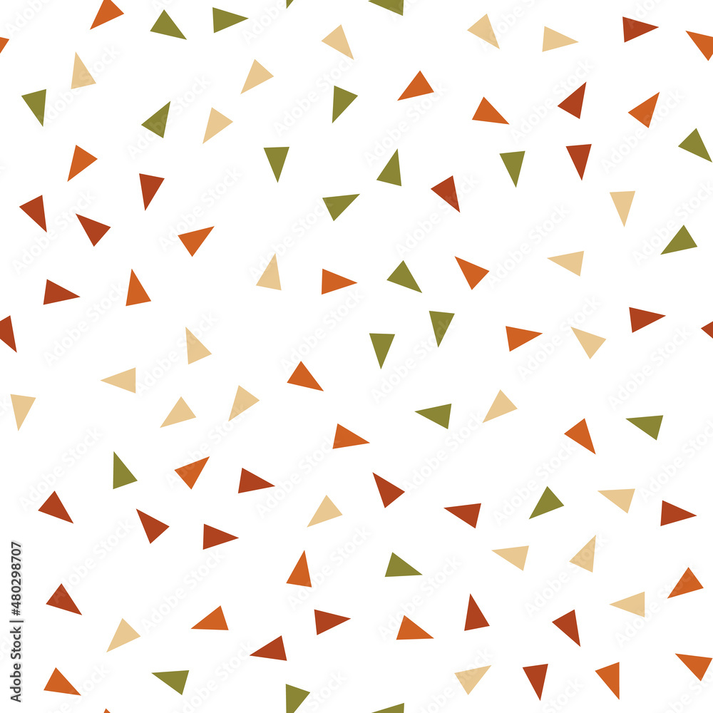 Seamless pattern with triangles. Abstract geometric pattern with green, orange and beige triangles. Random, chaotic background with cute confetti. Seamless pattern with triangles. Abstract geometric pattern with green, orange and beige triangles. Random, chaotic background with cute confetti.