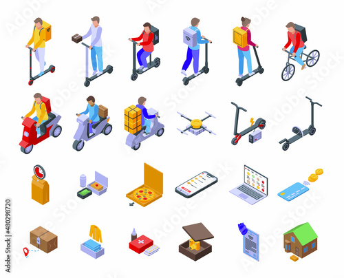 Courier on scooter icons set isometric vector. Restaurant box. Delivery lunch