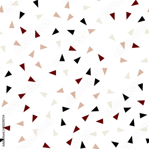 Seamless pattern with triangles. Abstract geometric pattern with black, red, grey and pink triangles. Random, chaotic background with cute confetti.