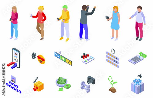 Influencer icons set isometric vector. Video subscribe. Content view
