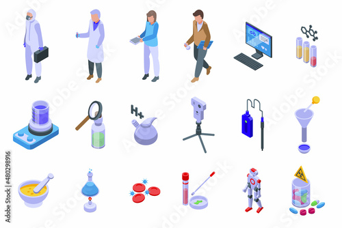 Laboratory research icons set isometric vector. Science dna. Chemistry microscope