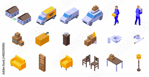 Moving house services icons set isometric vector. Warehouse box. Cargo move