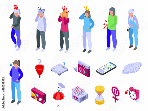 Menopause icons set isometric vector. Female fertility. Age cycle